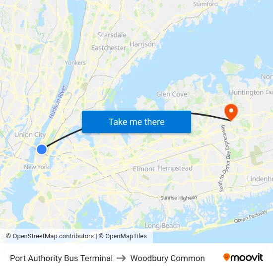 Port Authority Bus Terminal to Woodbury Common map