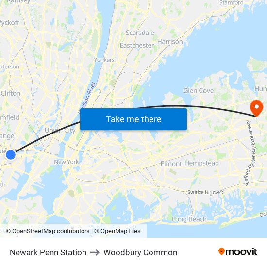 Newark Penn Station to Woodbury Common map