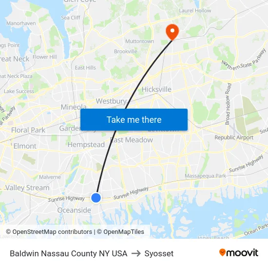 Baldwin Nassau County NY USA to Syosset map