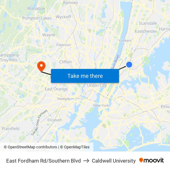East Fordham Rd/Southern Blvd to Caldwell University map