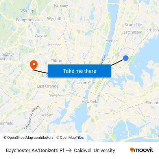 Baychester Av/Donizetti Pl to Caldwell University map