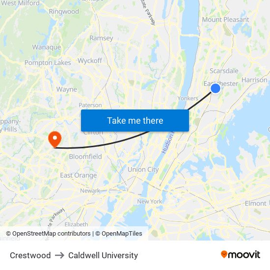 Crestwood to Caldwell University map