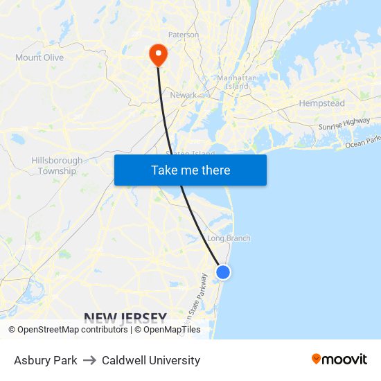 Asbury Park to Caldwell University map
