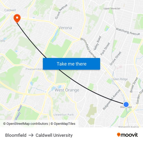 Bloomfield to Caldwell University map
