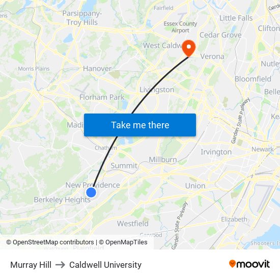 Murray Hill to Caldwell University map