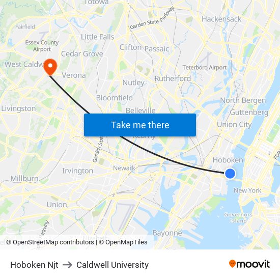 Hoboken Njt to Caldwell University map