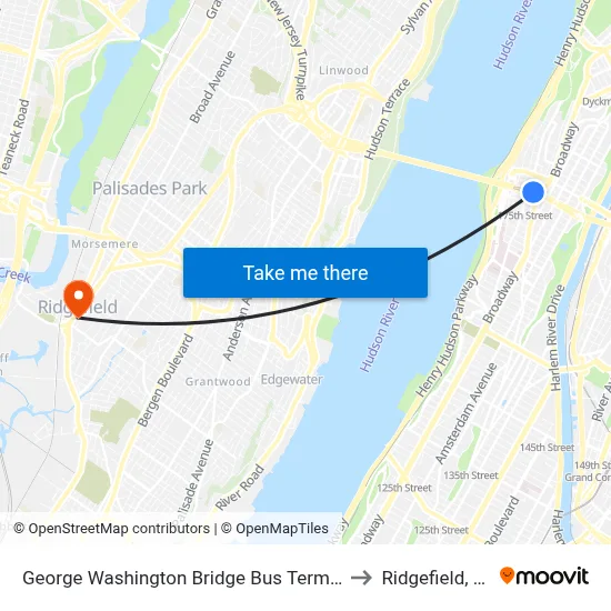George Washington Bridge Bus Terminal to Ridgefield, NJ map