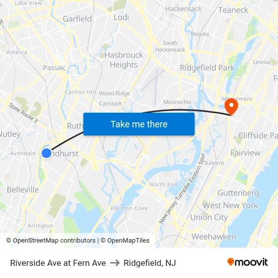 Riverside Ave at Fern Ave to Ridgefield, NJ map