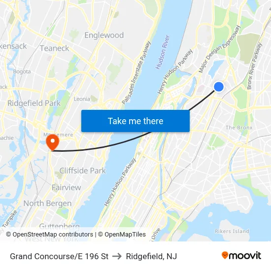 Grand Concourse/E 196 St to Ridgefield, NJ map
