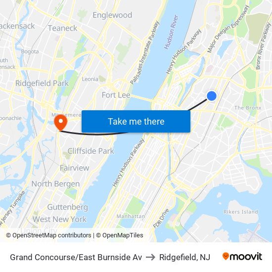 Grand Concourse/East Burnside Av to Ridgefield, NJ map