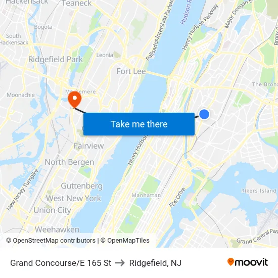 Grand Concourse/E 165 St to Ridgefield, NJ map