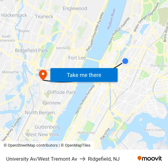 University Av/West Tremont Av to Ridgefield, NJ map