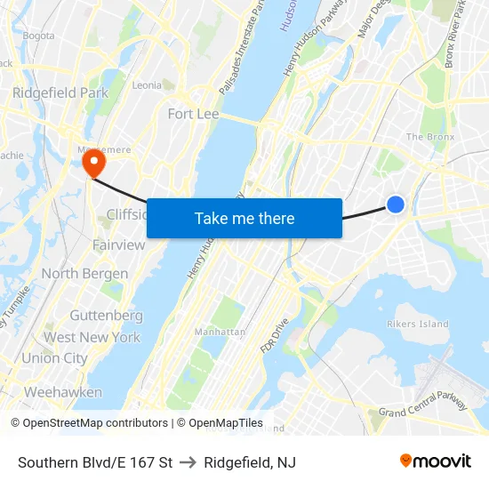 Southern Blvd/E 167 St to Ridgefield, NJ map