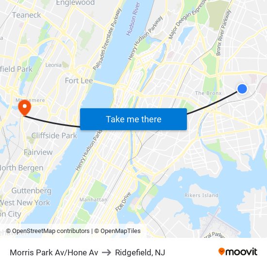 Morris Park Av/Hone Av to Ridgefield, NJ map