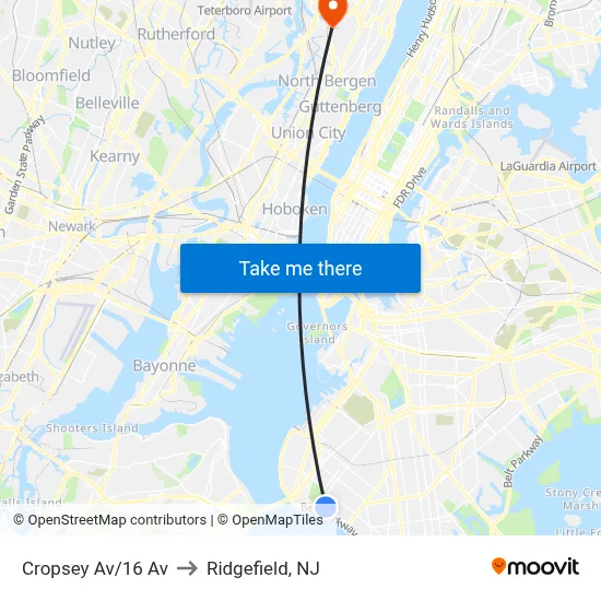 Cropsey Av/16 Av to Ridgefield, NJ map