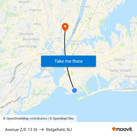 Avenue Z/E 13 St to Ridgefield, NJ map