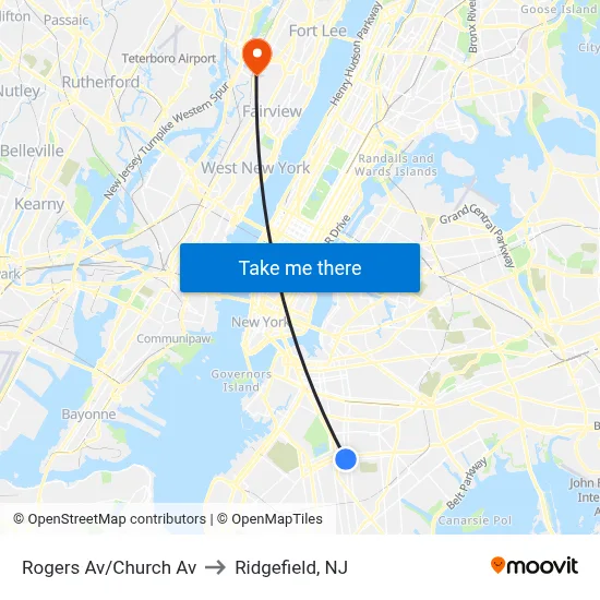 Rogers Av/Church Av to Ridgefield, NJ map
