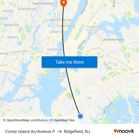 Coney Island Av/Avenue P to Ridgefield, NJ map