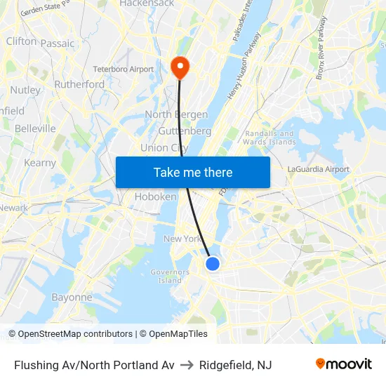Flushing Av/North Portland Av to Ridgefield, NJ map