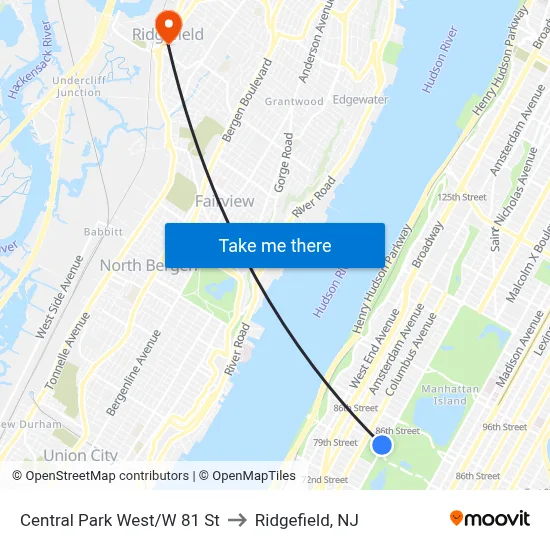 Central Park West/W 81 St to Ridgefield, NJ map