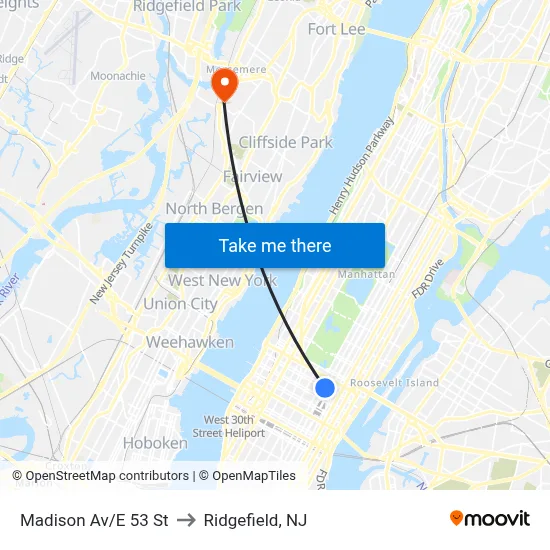 Madison Av/E 53 St to Ridgefield, NJ map