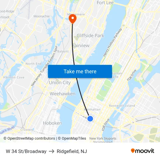 W 34 St/Broadway to Ridgefield, NJ map