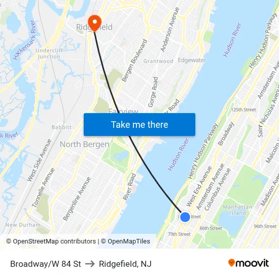 Broadway/W 84 St to Ridgefield, NJ map