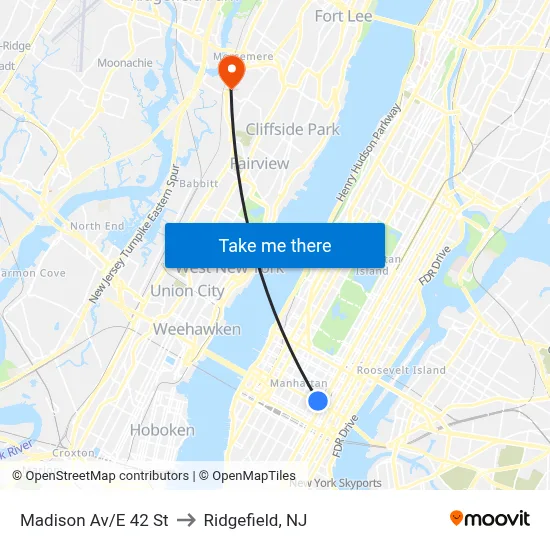 Madison Av/E 42 St to Ridgefield, NJ map