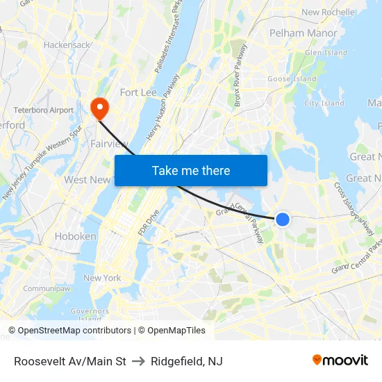 Roosevelt Av/Main St to Ridgefield, NJ map