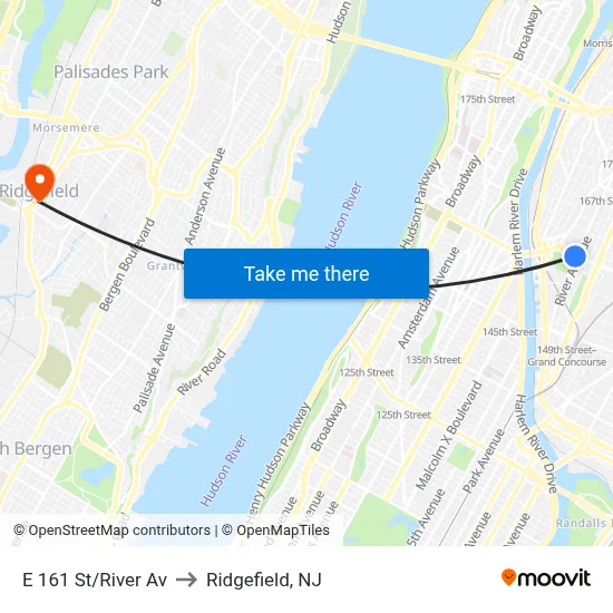 E 161 St/River Av to Ridgefield, NJ map