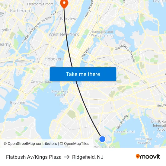 Flatbush Av/Kings Plaza to Ridgefield, NJ map