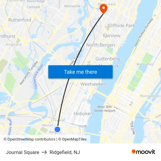 Journal Square to Ridgefield, NJ map