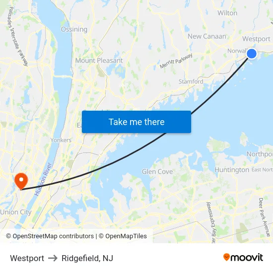 Westport to Ridgefield, NJ map