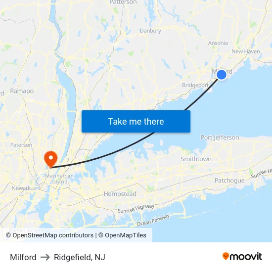 Milford to Ridgefield, NJ map