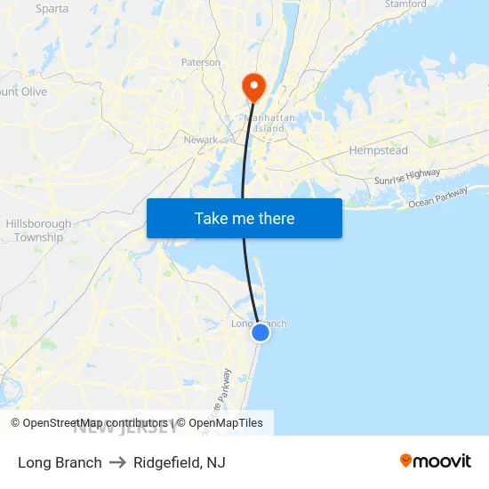 Long Branch to Ridgefield, NJ map