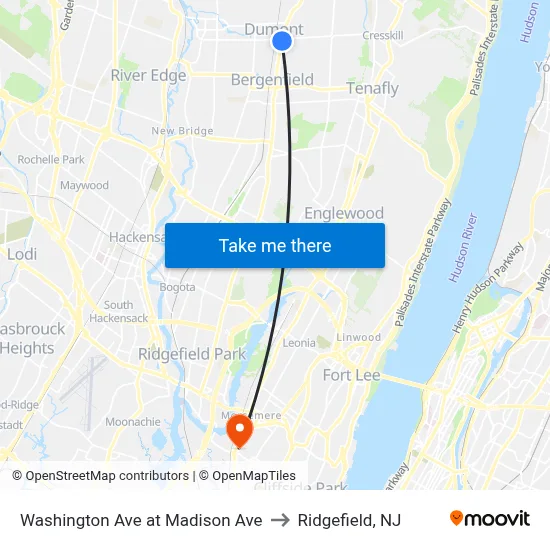 Washington Ave at Madison Ave to Ridgefield, NJ map