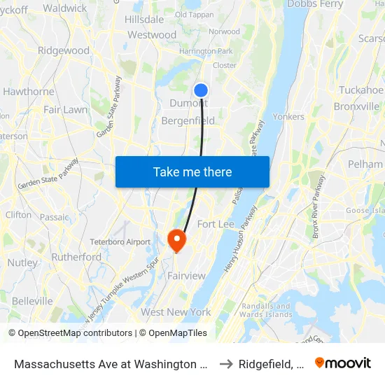 Massachusetts Ave at Washington Ave to Ridgefield, NJ map
