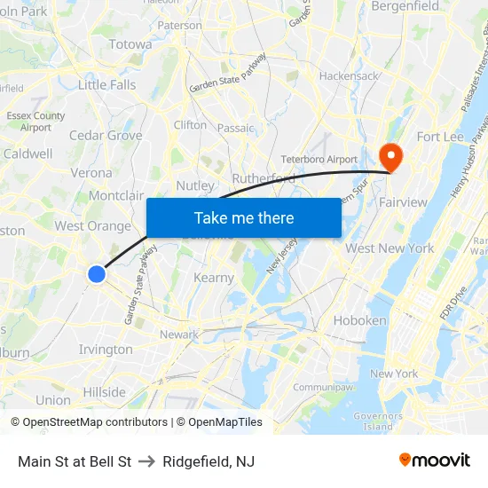 Main St at Bell St to Ridgefield, NJ map