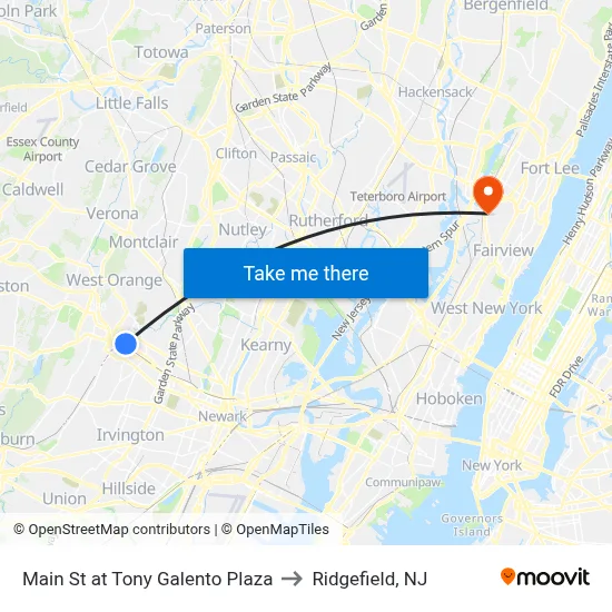 Main St at Tony Galento Plaza to Ridgefield, NJ map