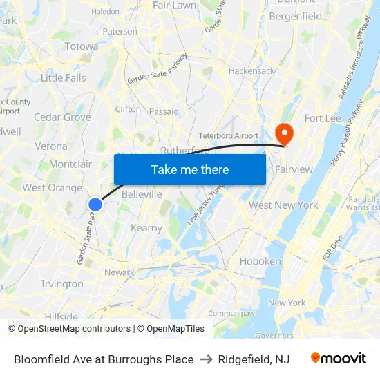 Bloomfield Ave at Burroughs Place to Ridgefield, NJ map