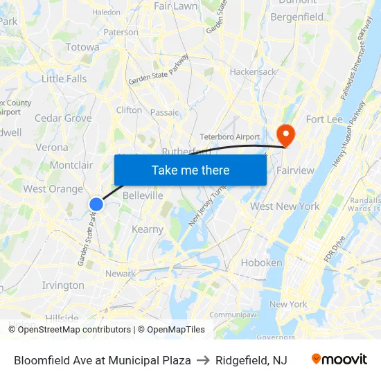 Bloomfield Ave at Municipal Plaza to Ridgefield, NJ map