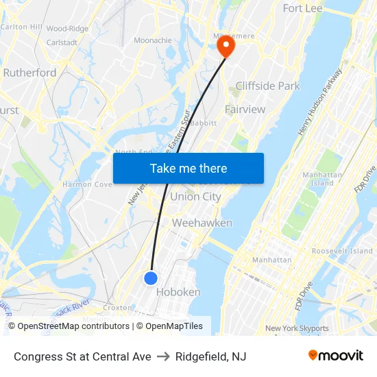 Congress St at Central Ave to Ridgefield, NJ map