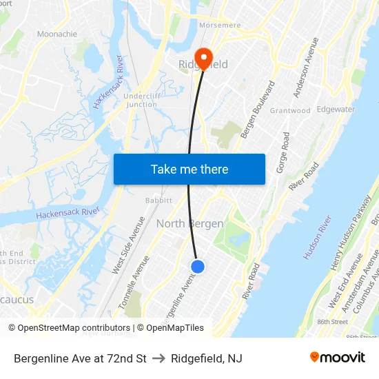 Bergenline Ave at 72nd St to Ridgefield, NJ map