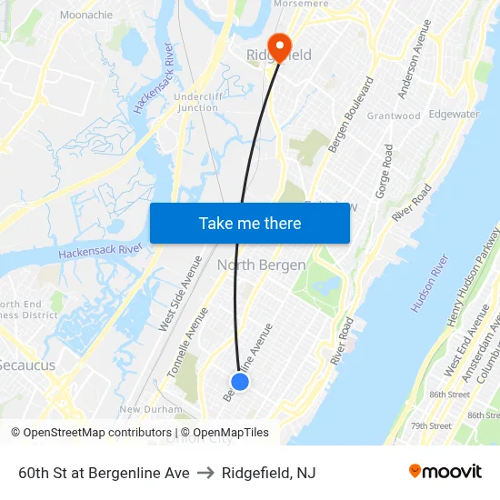 60th St at Bergenline Ave to Ridgefield, NJ map