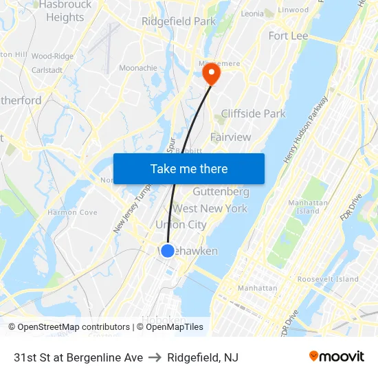31st St at Bergenline Ave to Ridgefield, NJ map