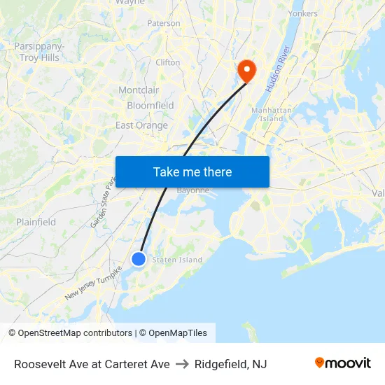 Roosevelt Ave at Carteret Ave to Ridgefield, NJ map