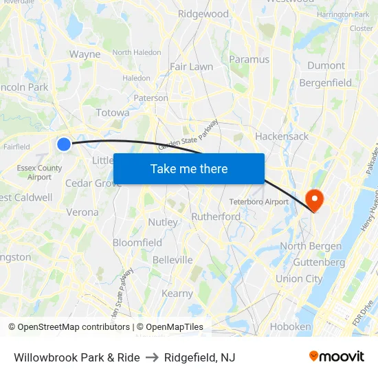 Willowbrook Park & Ride to Ridgefield, NJ map