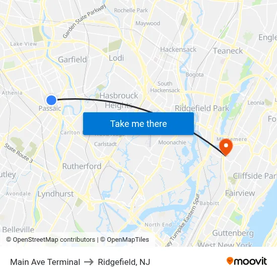 Main Ave Terminal to Ridgefield, NJ map