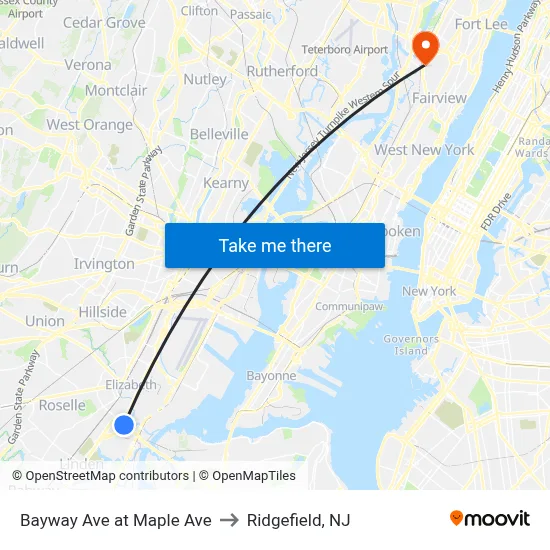 Bayway Ave at Maple Ave to Ridgefield, NJ map
