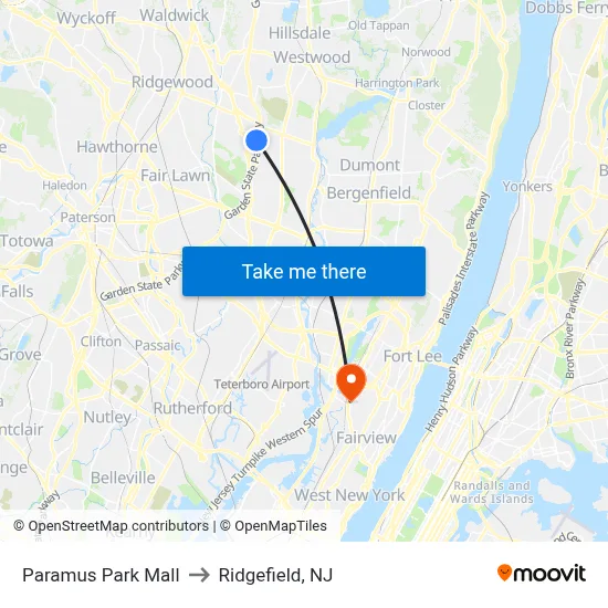 Paramus Park Mall to Ridgefield, NJ map